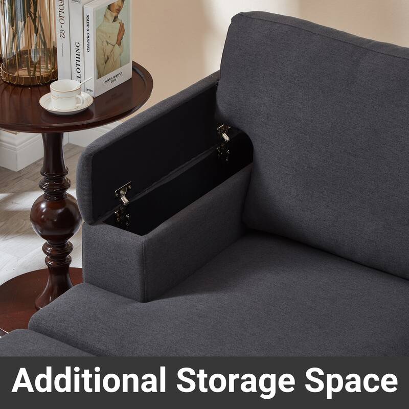 L Shaped 3 Seats Sofa with Armrest Organizer, Linen Sectional Sofa with Movable Ottoman, Comfy Upholstered 3 Seater Couch,