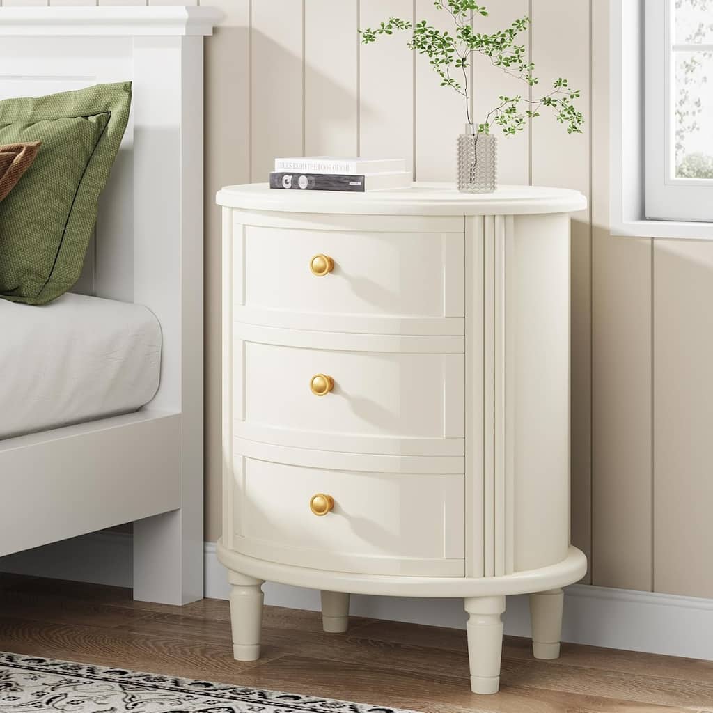 20" Oval Nightstand with 3 Drawers, Beige White