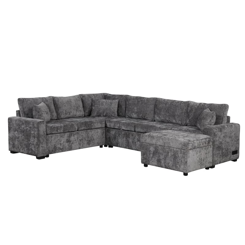 112.2" L-Shaped 6-Seat Sectional Sofa with Pull-Out Bed, Storage Ottoman, 3 Back Pillows, and USB Charging Ports