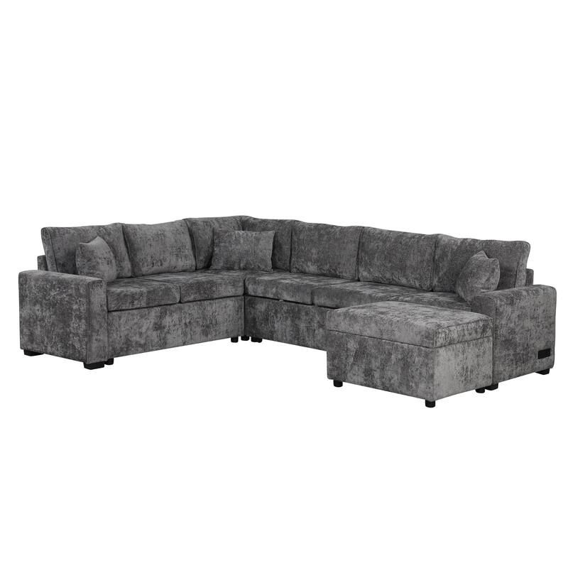 Modern Sectional Sofa with Pull Out Sleeper and Storage Ottoman and USB Ports for Versatile Living Room or Guest Use