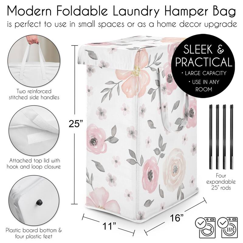 Sweet Jojo Designs Blush Pink Grey Boho Floral Girl Foldable Laundry Hamper with Handles Bohemian Farmhouse Shabby Watercolor