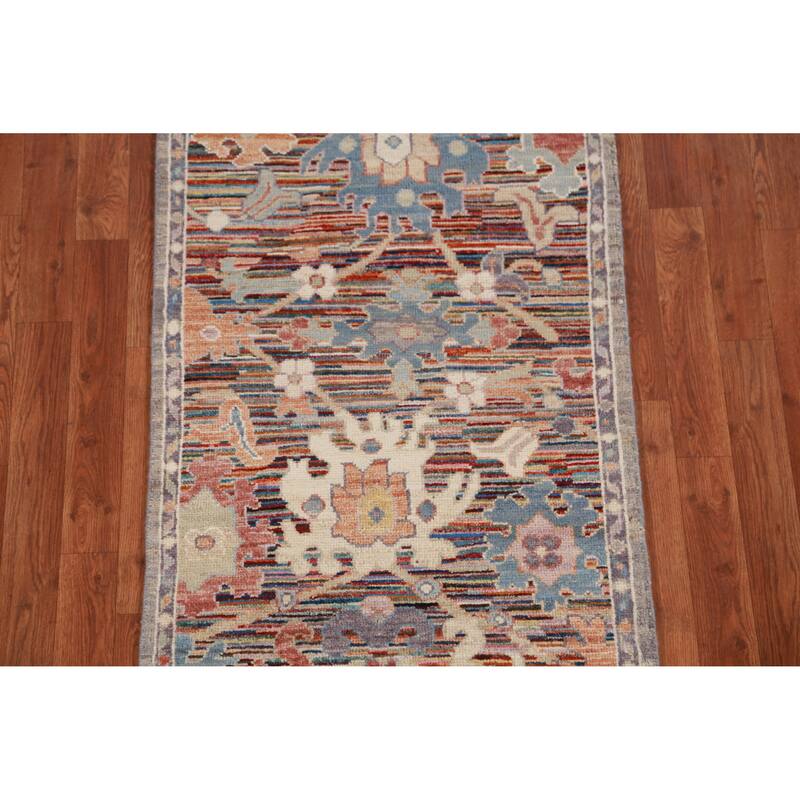 Hand Knotted Oriental 100% Wool Carpet Transitional Floral Multi-Colored Oushak Runner Rug - 19' 4'' X 2' 5''