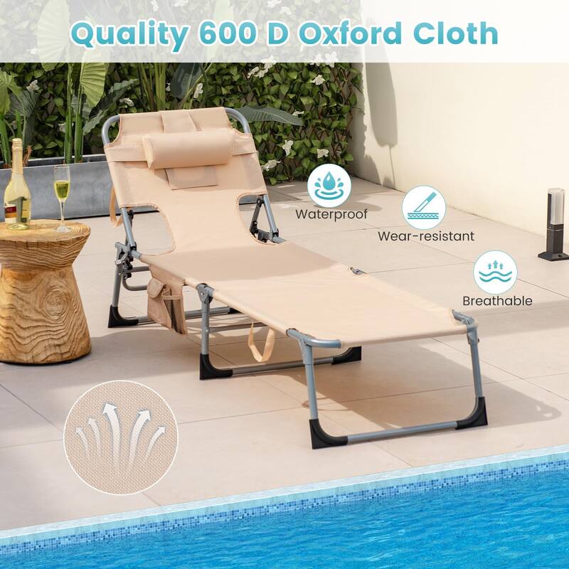 Folding Beach Lounge Chair with Face &Arm Hole, 5Position Adjustable