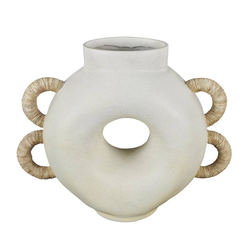 Resin Round Speckled Decorative Vase with Woven Inspired Arched Handles and Cutout Opening - Cream - Roche River Decor - Cream - 16"W, 13"H