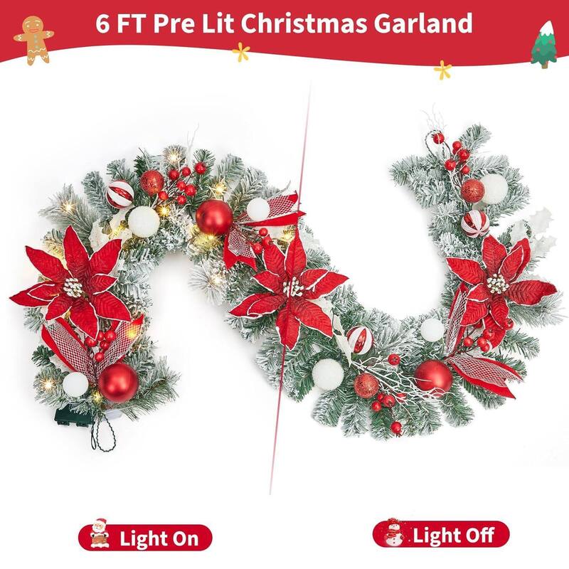 6FT Pre-Lit Christmas Battery Operated Xmas Garland, Red+Gold - N/A