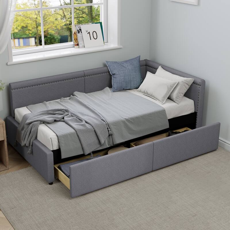 Modern L-Shape Corner Bed, Daybed with 2 Storage Drawers - Grey - Twin