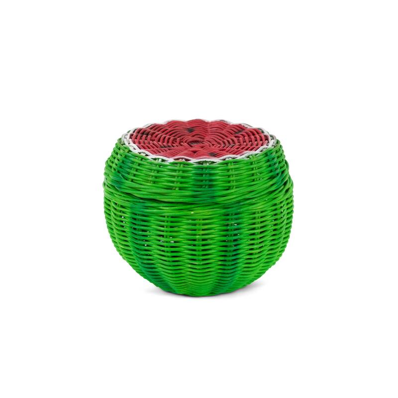 Hand Woven Watermelon Rattan Storage Basket with Lid Decorative Bin Home Decor Shelf Organizer Cute Handmade Handcrafted Gift