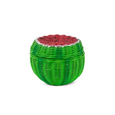 Hand Woven Watermelon Rattan Storage Basket with Lid Decorative Bin Home Decor Shelf Organizer Cute Handmade Handcrafted Gift