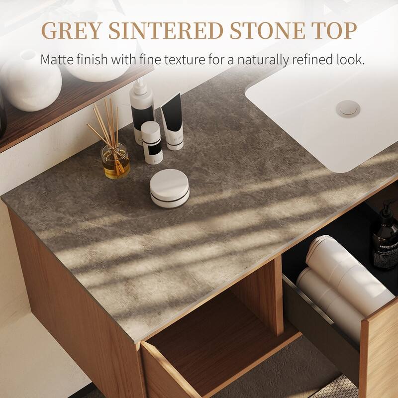 47.24 Single Bathroom Vanity, Modern, Gray Stone Stop, Light Solid Wood