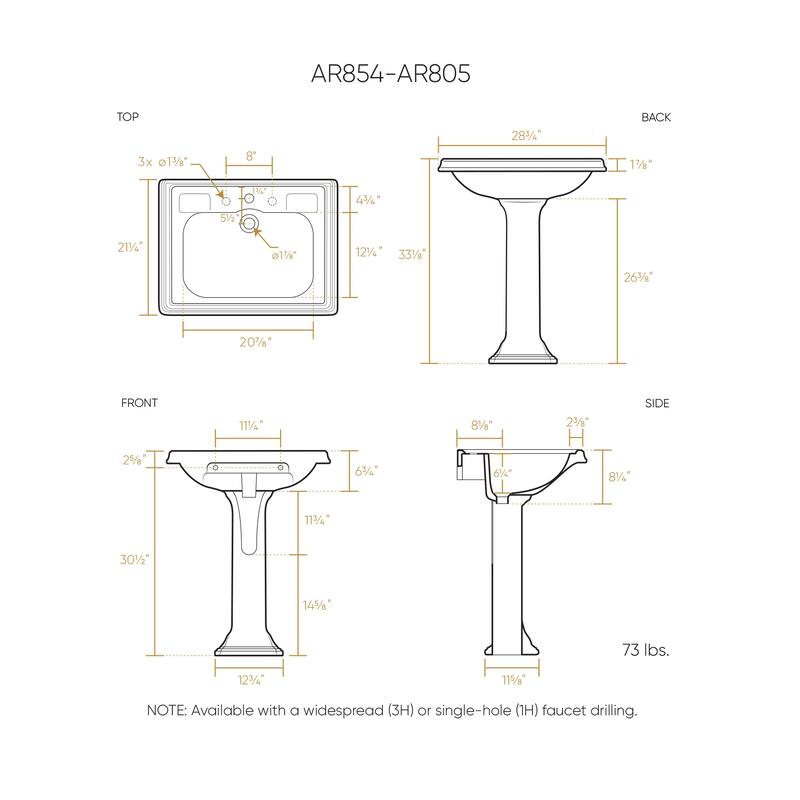 29" Traditional Pedestal Sink with Large Rectangular Bowl, Dual Soap Ledges, Overflow Control Rim and Overflow