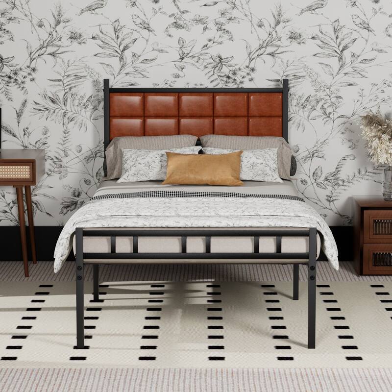 Javlergo Metal Bed Frame with PU Upholstered Headboard, No Box Spring Needed