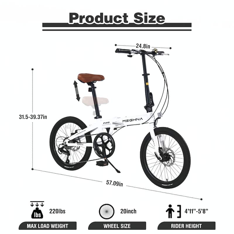 20" Lightweight Aluminum Frame, 7-Speed Folding City Bike,White