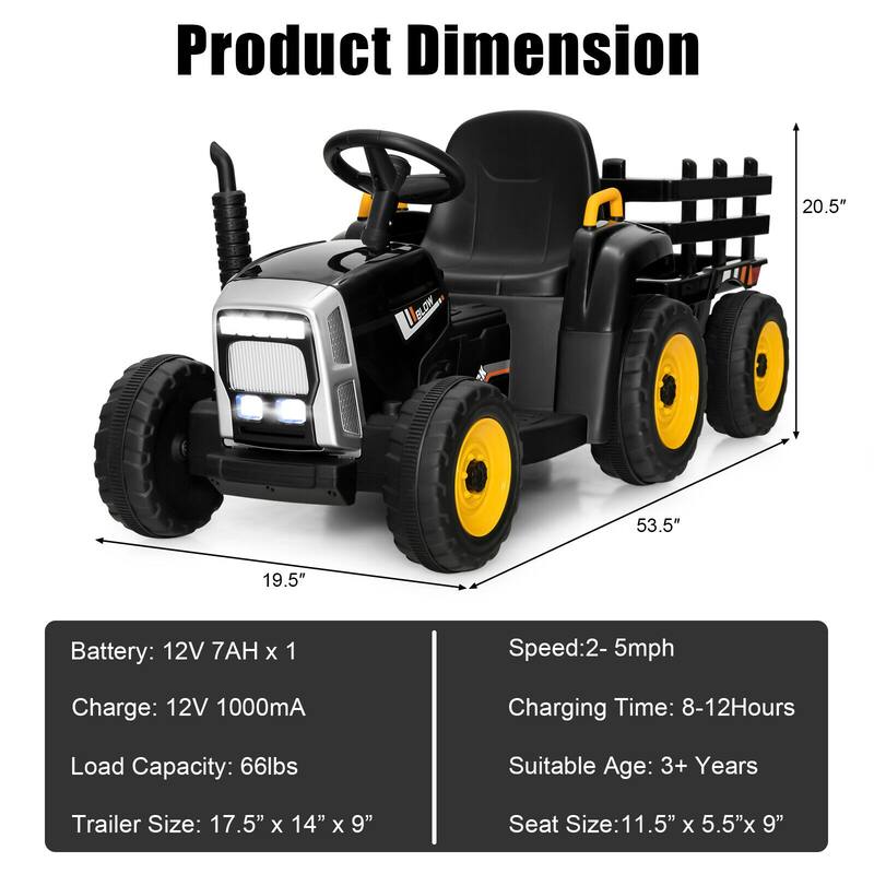 12V Rechargeable Battery Kids Ride-On Tractor with Trailer and Parental Remote Safety Belt - 53" x 20" x 20.5"