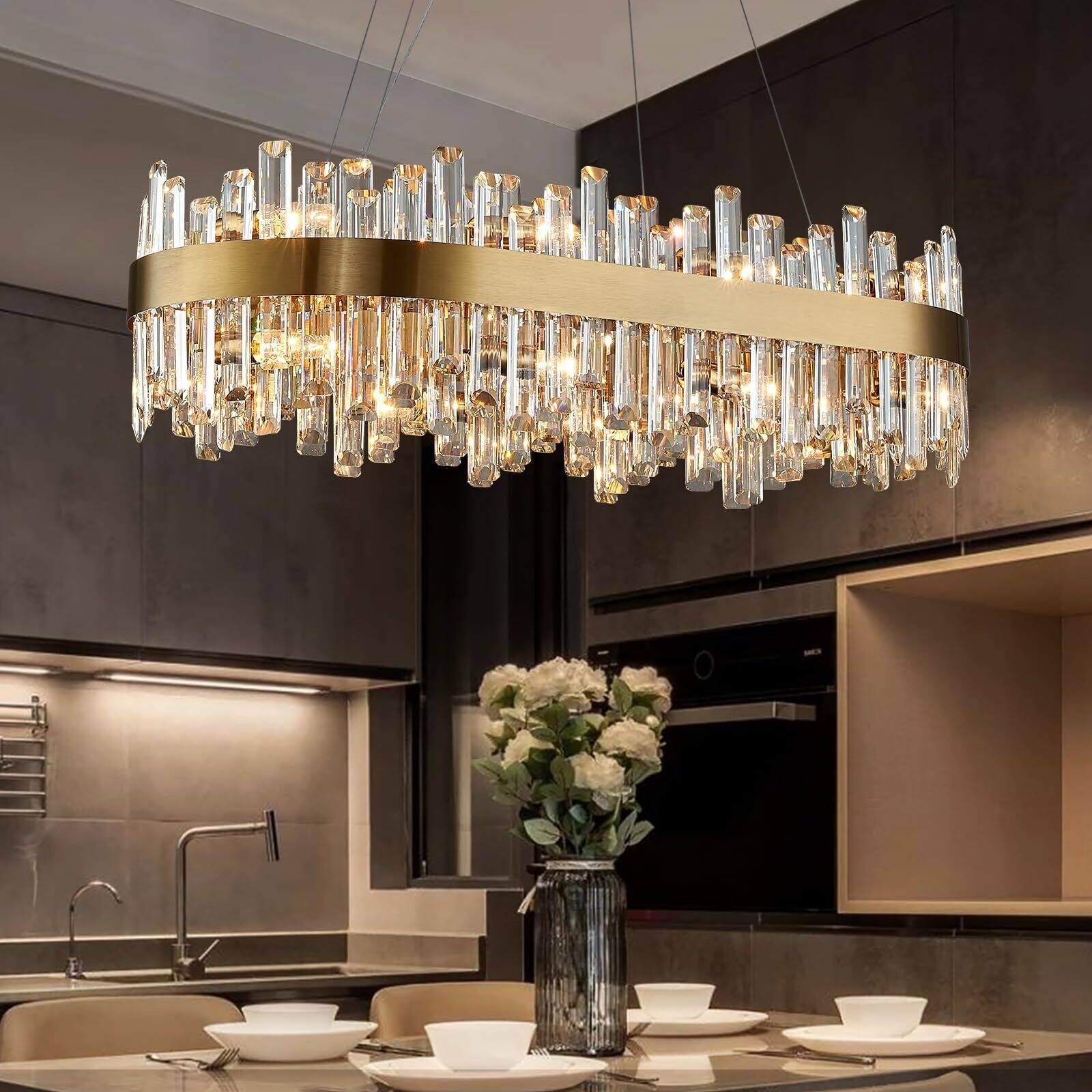 16 Lights Modern Crystal Chandelier Brass Gold Oval Rectangular K9 Raindrop Chandelier L35.4 35 16 Lights Bed Bath Beyond 42409518