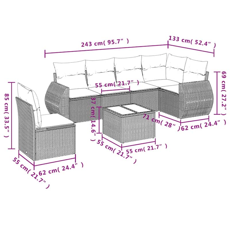 vidaXL Patio Sofa Set with Cushions Outdoor Conversation Furniture Poly Rattan - 24.4 x 24.4 x 27.2