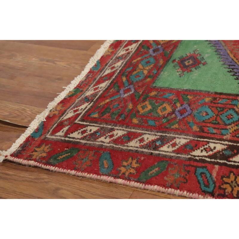Hand Knotted Oriental 100% Wool Carpet Traditional Geometric Multi-Colored Heriz Runner Rug - 14' 1'' X 3' 9''
