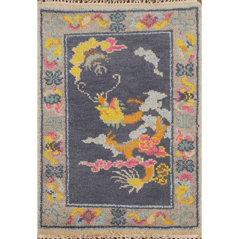 Hand Knotted Oriental 100% Wool Carpet Traditional Geometric Navy Blue & Blues Art Deco Area Rug - 3' 0'' X 2' 0''