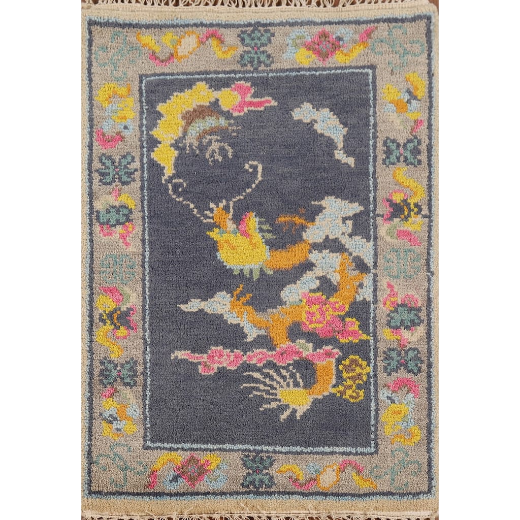 Hand Knotted Oriental 100% Wool Carpet Traditional Geometric Navy Blue & Blues Art Deco Area Rug - 3' 0'' X 2' 0''