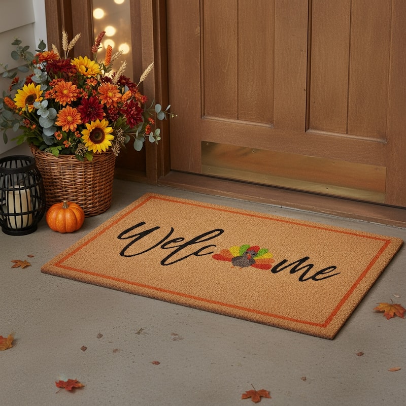 HomeRoots 24" X 36" Natural And Brown Thanksgiving Welcome Outdoor Coir Door Mat - 24.00' X '36.00 - 24.00' X '36.00