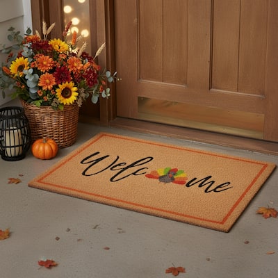 HomeRoots 24" X 36" Natural And Brown Thanksgiving Welcome Outdoor Coir Door Mat - 24.00' X '36.00