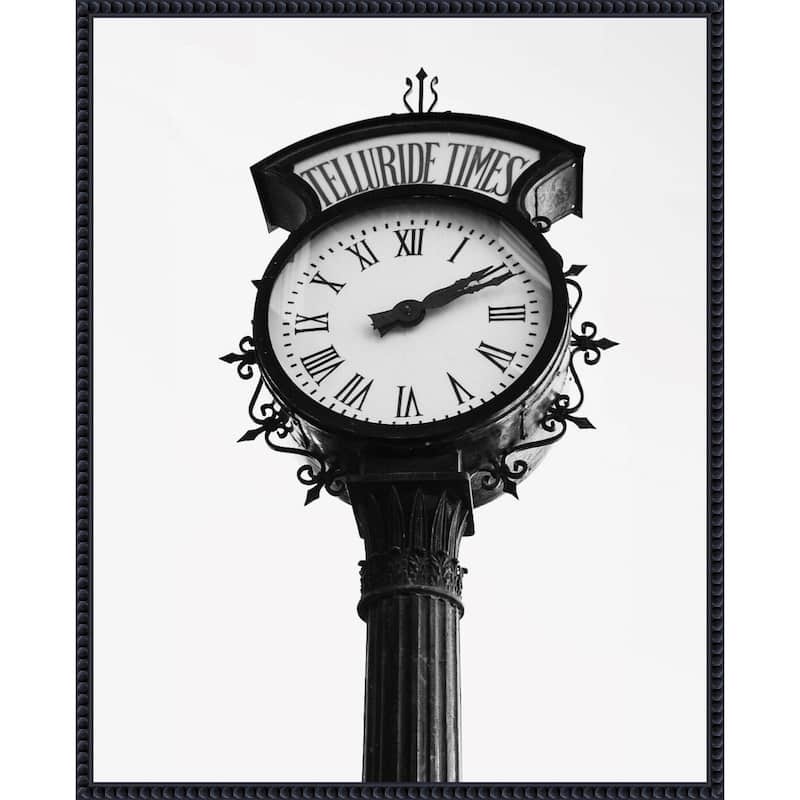 Vintage Street Clock with Marked Telluride Times by Del Mundo Imagery Framed Canvas Wall Art Print - Sylvie Beaded Black