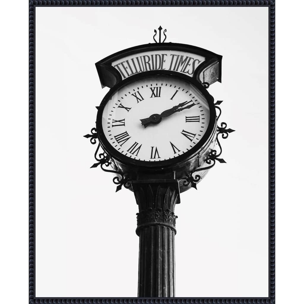 Vintage Street Clock with Marked Telluride Times by Del Mundo Imagery Framed Canvas Wall Art Print - Sylvie Beaded Black