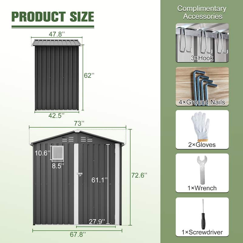 6x4 FT Metal Outdoor Storage Shed, Steel Utility Tool Shed Storage House