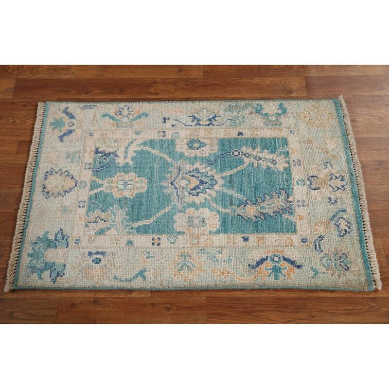 Hand Knotted Oriental 100% Wool Carpet Transitional Floral Green Oushak Area Rug - 3' 2'' X 2' 0''