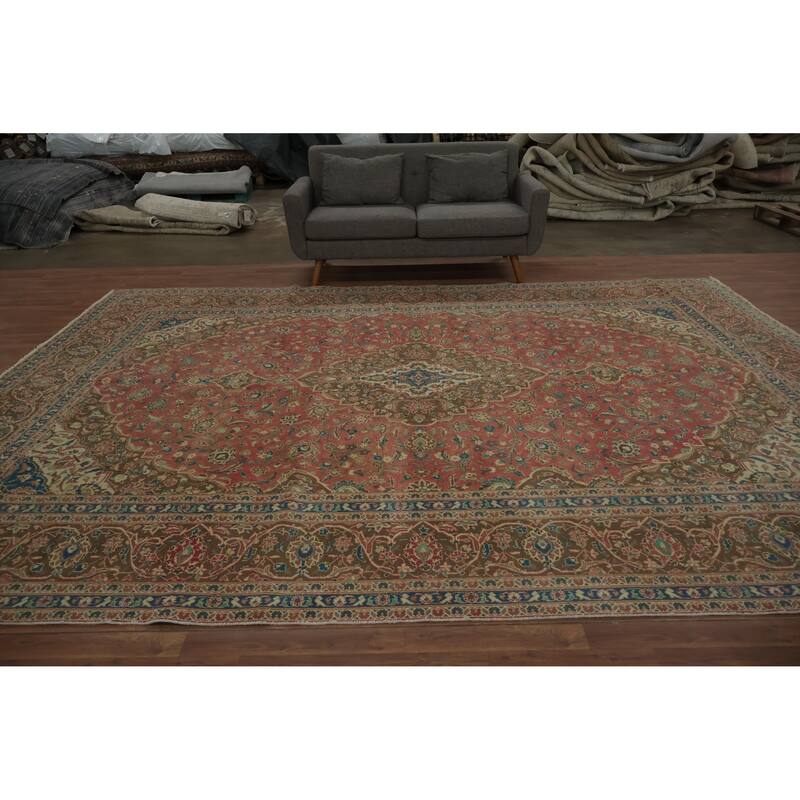 Hand Knotted Oriental 100% Wool Carpet Traditional Floral Pink Kashan Area Rug - 13' 1'' X 9' 9''