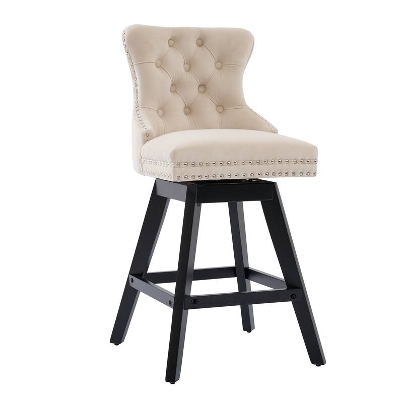 Set of 2 Swivel Velvet Bar Stools with Button Tufting, Wood Legs & Chrome Nailhead Trim - Beige