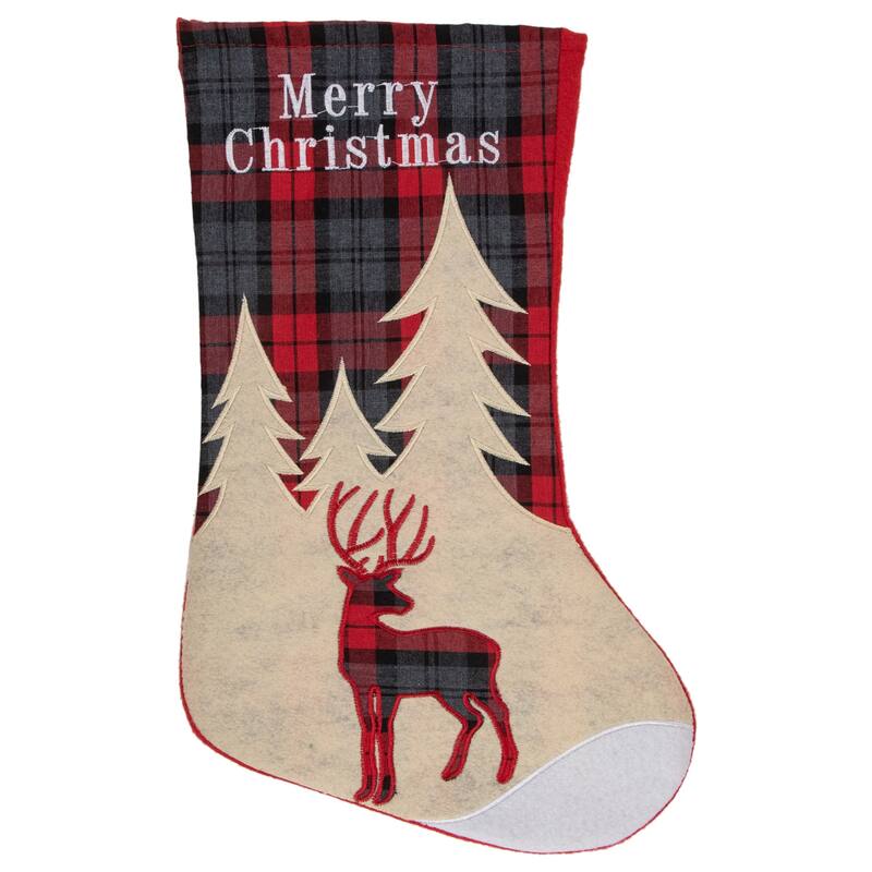 19" Green and Red Plaid Reindeer With Forest Trees Christmas Stocking