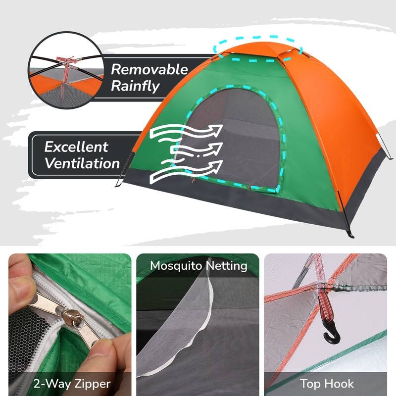 2-Person Waterproof Camping Dome Tent for Outdoor Orange & Green - 1-2 Person