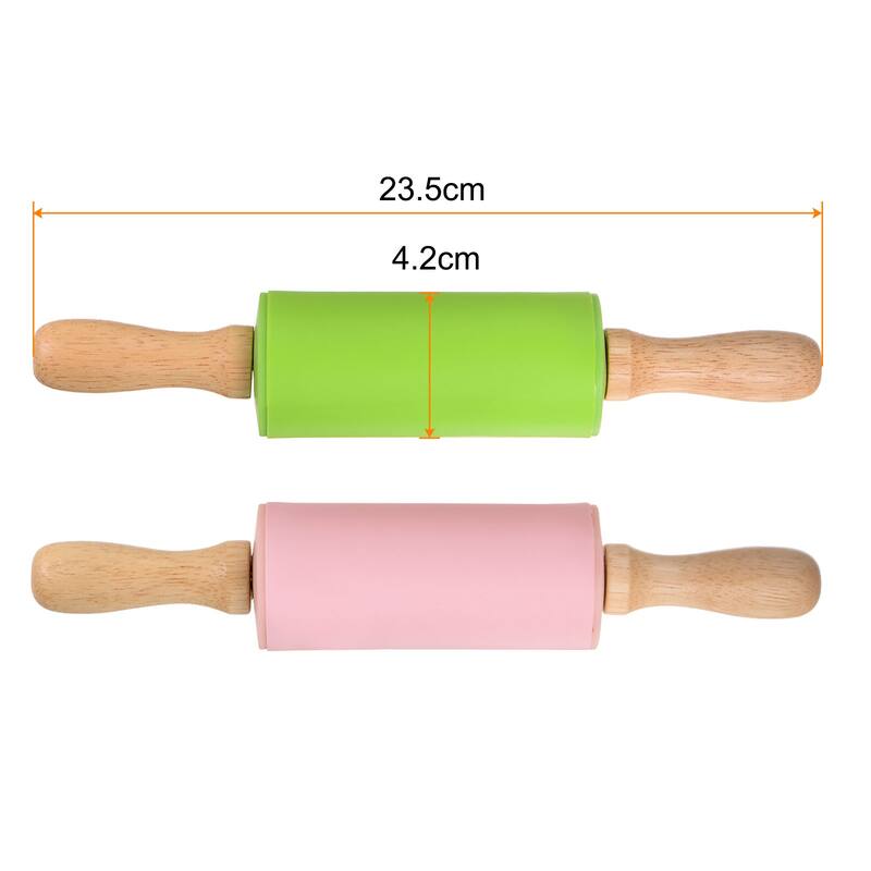 Silicone Rolling Pins for Baking Wood Handle 23.5cm x 4.2cm Green & Pink - Green & Pink - Green & Pink
