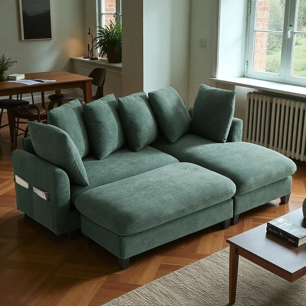 83" L-Shaped Sectional Sofa with Storage Seats Movable Ottoman Curved Armrests Chenille Couch with 6 Pillows