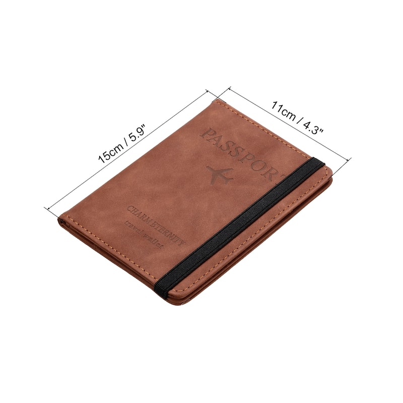 PU Passport Holder Cover with Strap, RFID Blocking Travel Wallet - 15x11cm - Dark Brown