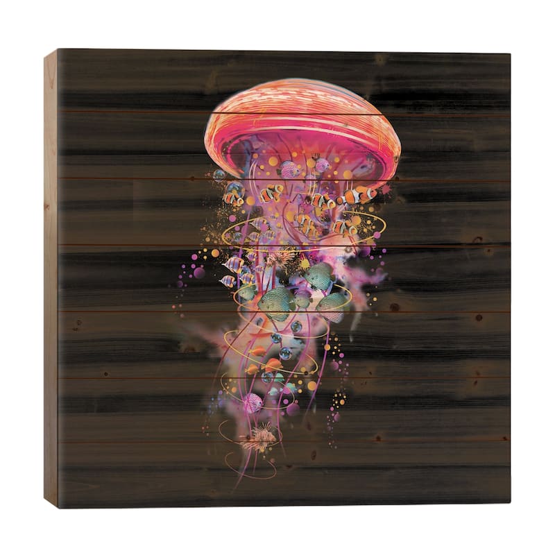 Electric Jellyfish World In Red Print On Wood by David Loblaw - Multi-Color - 26x26x1.5