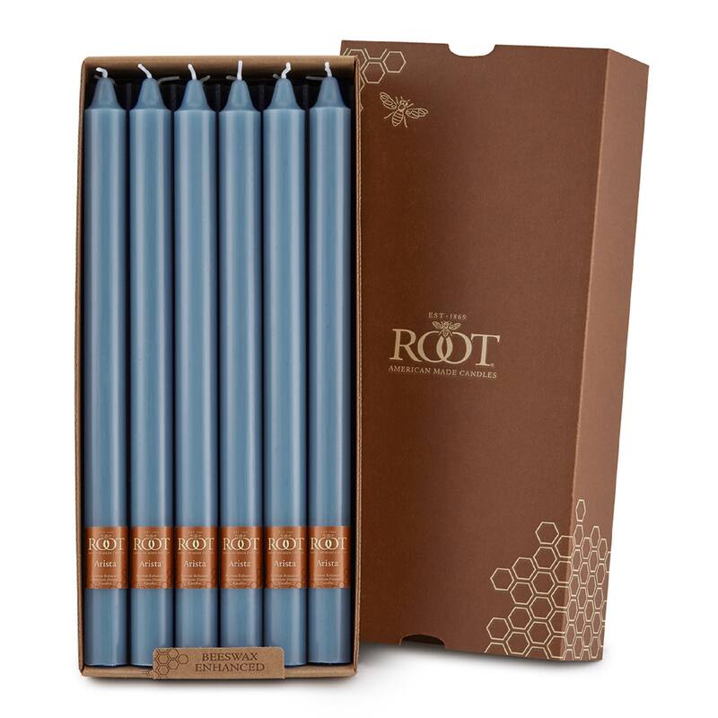 Root 12 inch Unscented Smooth Arista Taper Candles box of 12 - Williamsburg Blue