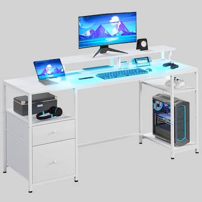 61" Computer Desk with LED Lighting, Power Outlets & USB Ports, Gaming Desk with Storage Shelves & Fabric Drawers