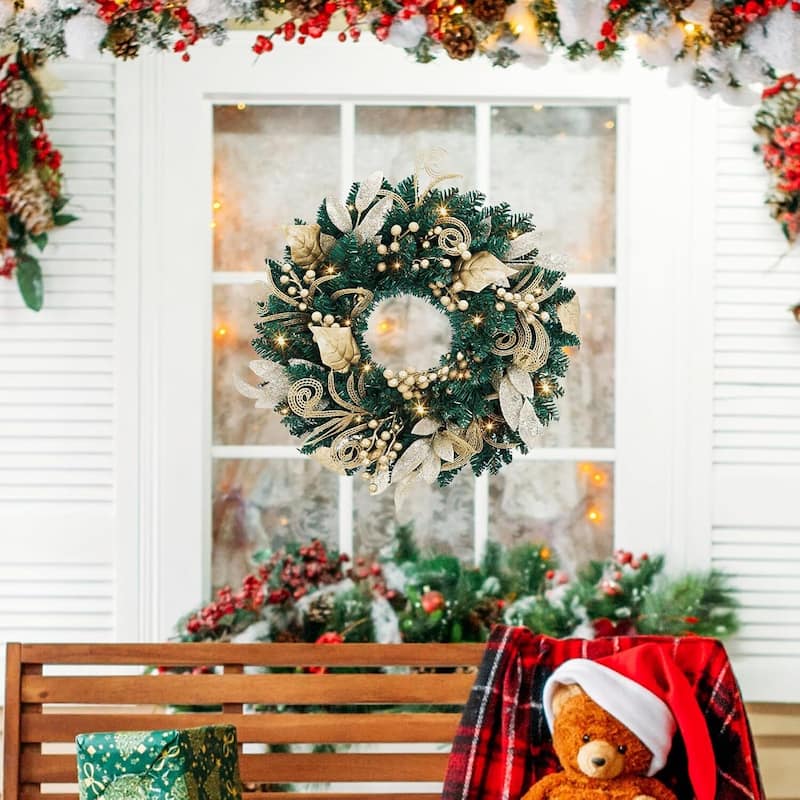 18 inch Pre-Lighted Christmas Wreath with Golden Leaves - N/A