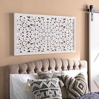 Allen White Washed Hand Carved 48x28-inch Wall Panel with Mirror Inlay