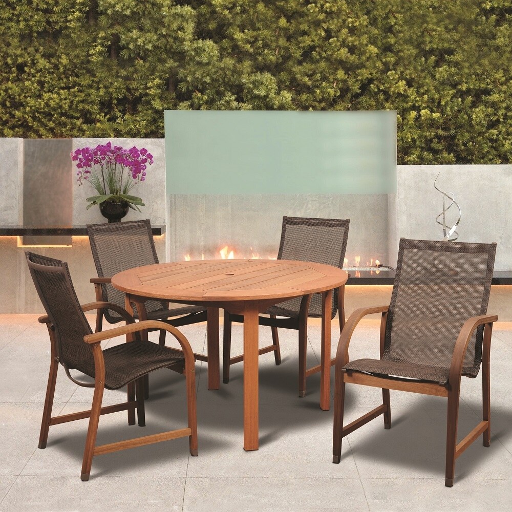 Amazonia Bahamas 5 Piece Patio Dining Set Ecualyptus Round with Brown Sling Chair Outdoor Furniture Bed Bath Beyond 32468219