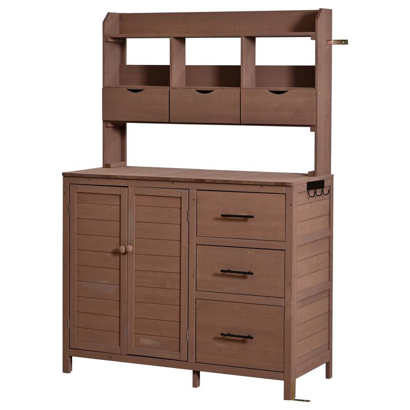Roomfitters Garden Potting Bench with Storage Hutch, Outdoor Potting Table with 6 Drawers and Cabinets, Shelves