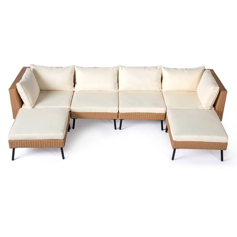 Patio 6-Piece Wicker Sectional Sofa Set with Corner & Ottomans, Adjustable Iron Feet