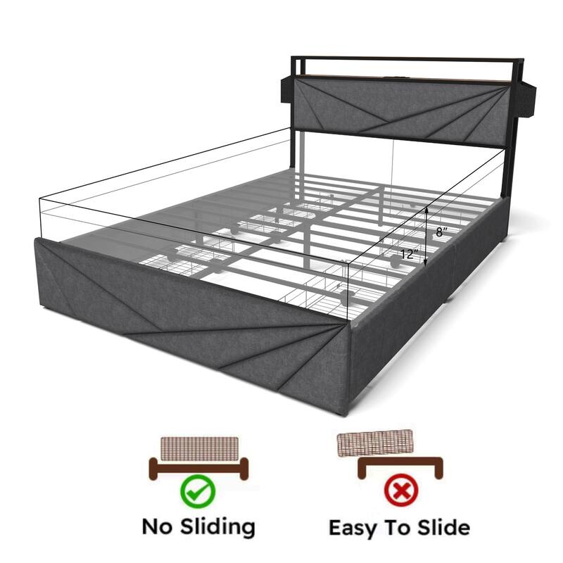 Queen/Full LED Bed Frame, Storage Headboard with Charging Station