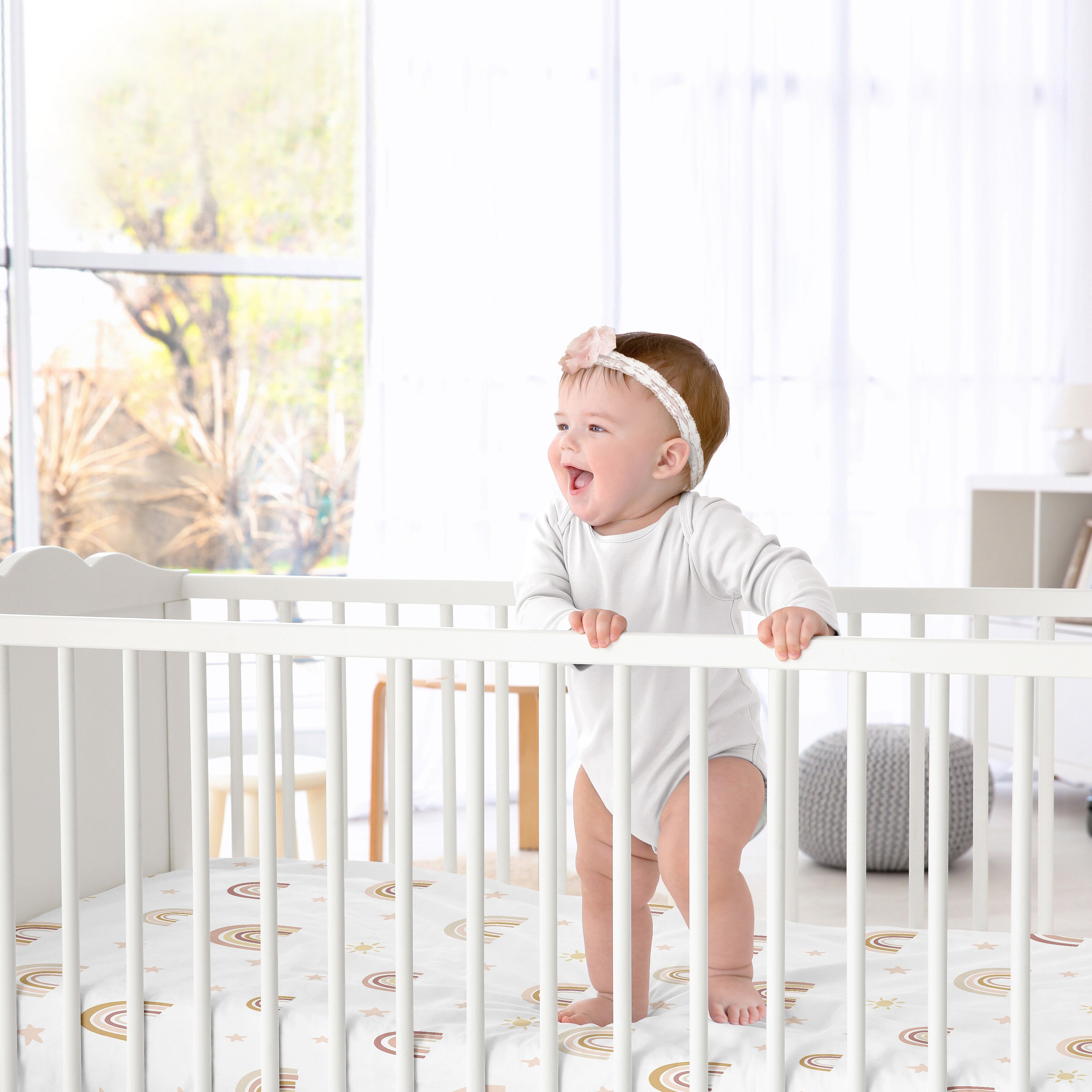 Beige crib sheet top