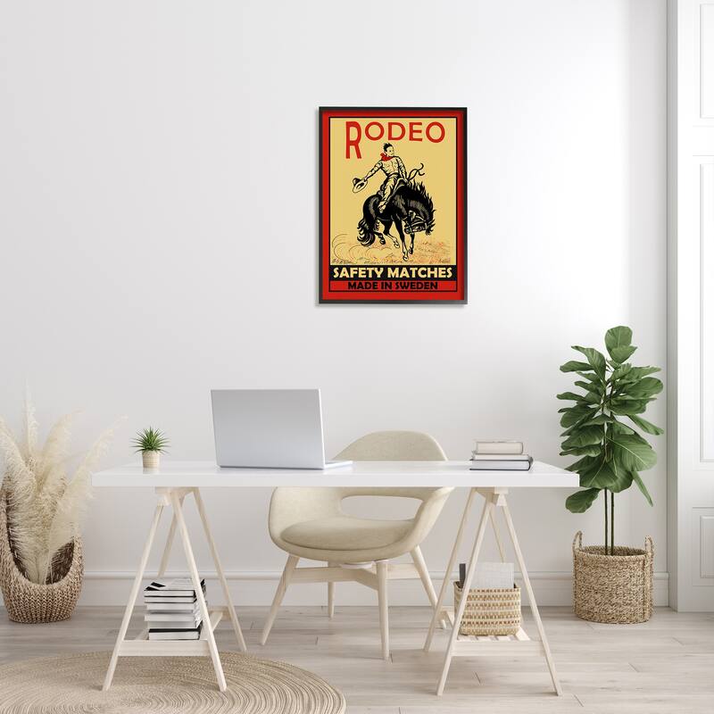 Stupell Rodeo Safety Matches Cowboy Bucking Bronco Red Yellow Framed Wall Art