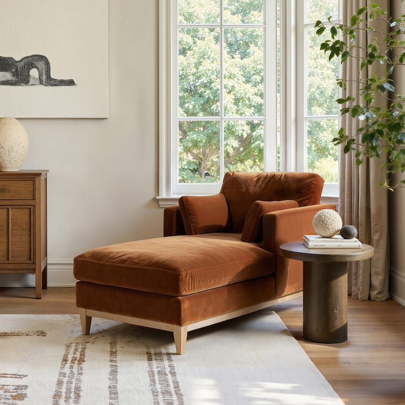 Knox 65" Modern Farmhouse Performance Velvet Chaise Lounge Chair - Burnt Orange Performance Velvet
