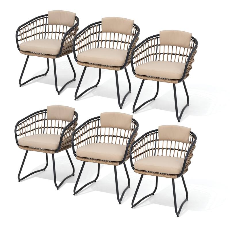 Outdoor Wicker Chairs Patio Dining Chairs Cushioned PE Rattan Seating Set - Beige, 6PCS