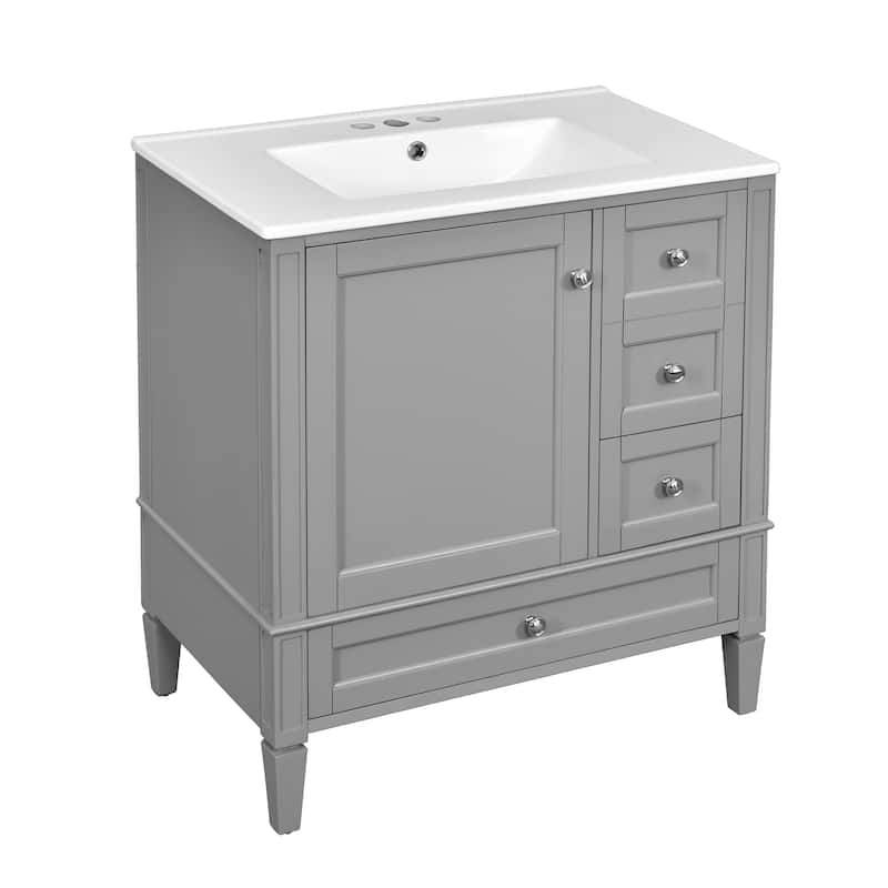 Roomfitters 30" Vanity with Ceramic Sink, Solid Wood Frame Bathroom Cabinet with 3 Drawers, Modern Storage Design