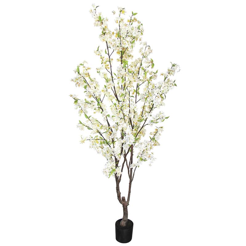 6.5ft Cream White Artificial Cherry Blossom Flower Tree Plant in Black Pot - 78" H x 36" W x 36" DP